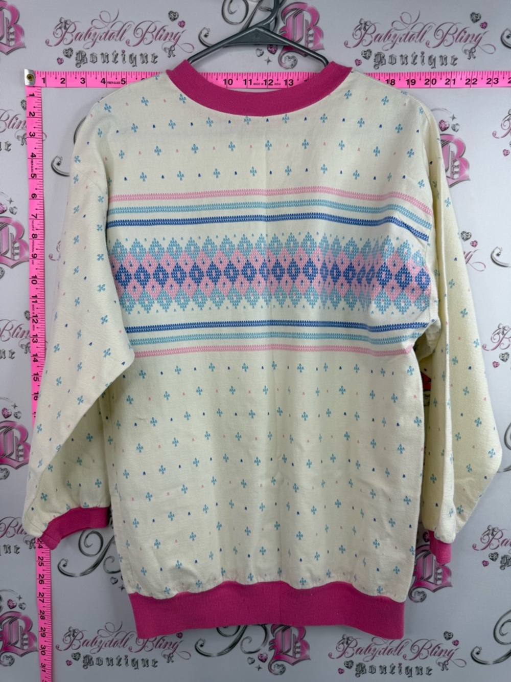 Avon fashions vintage shirt Women's Cream Fair Isle Sweater with Pink Trim - Picture 2 of 8